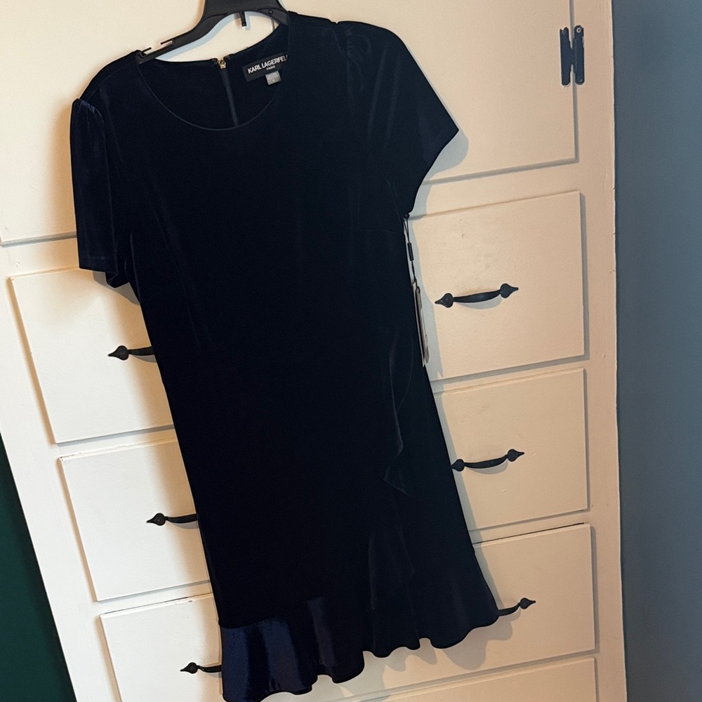 Karl Lagerfeld Navy Velvet Ruffle Dress